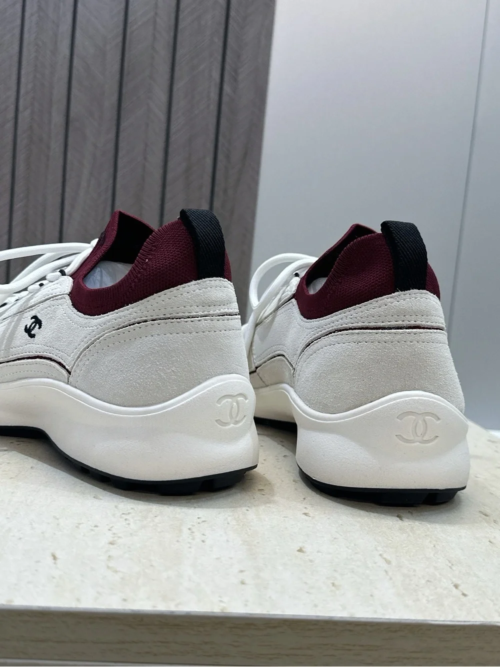 CHANEL White and Burgundy Suede Knit Runner Sneakers